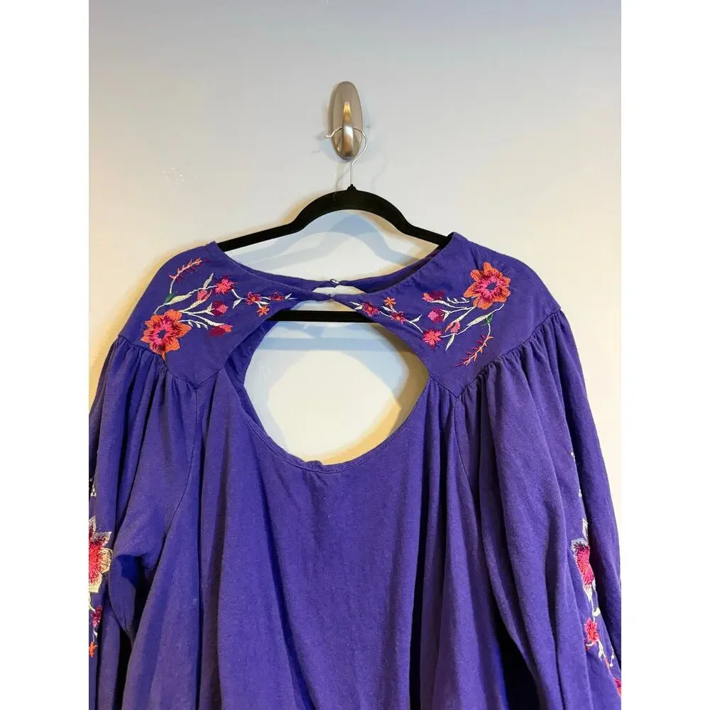 Free People Embroidered Cutout Front Peasant Top